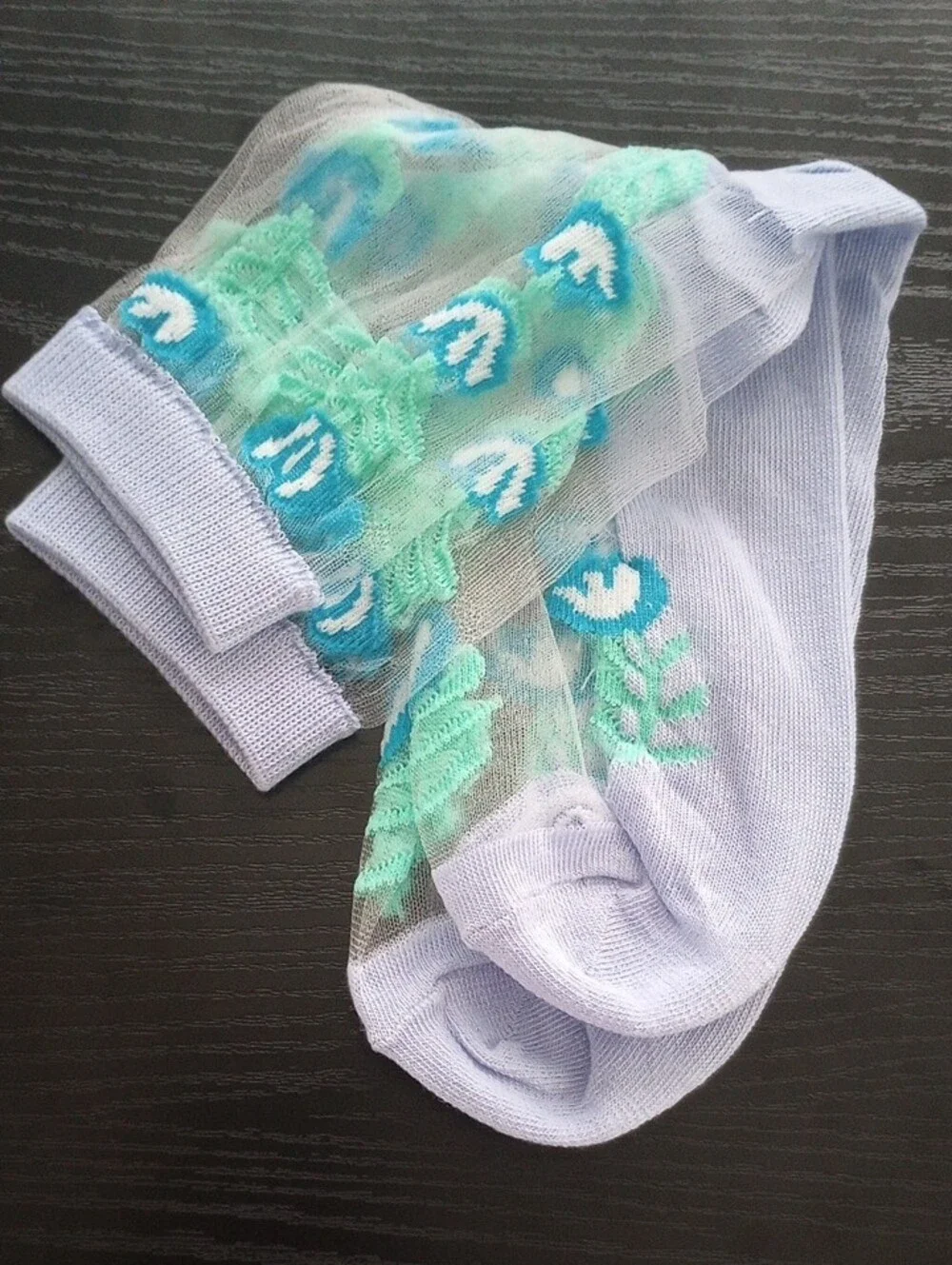 Sheer Floral Blue Green Crew Midcalf Socks